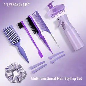 This 1/2/4pc purple hair styling tool set includes scalp massage shampoo brush, ventilated styling comb, rat-tail comb, Hair detangling comb, edge trimmer, sectioning clips, satin hair ties, and hairspray bottle. It's suitable for slicked-back hair