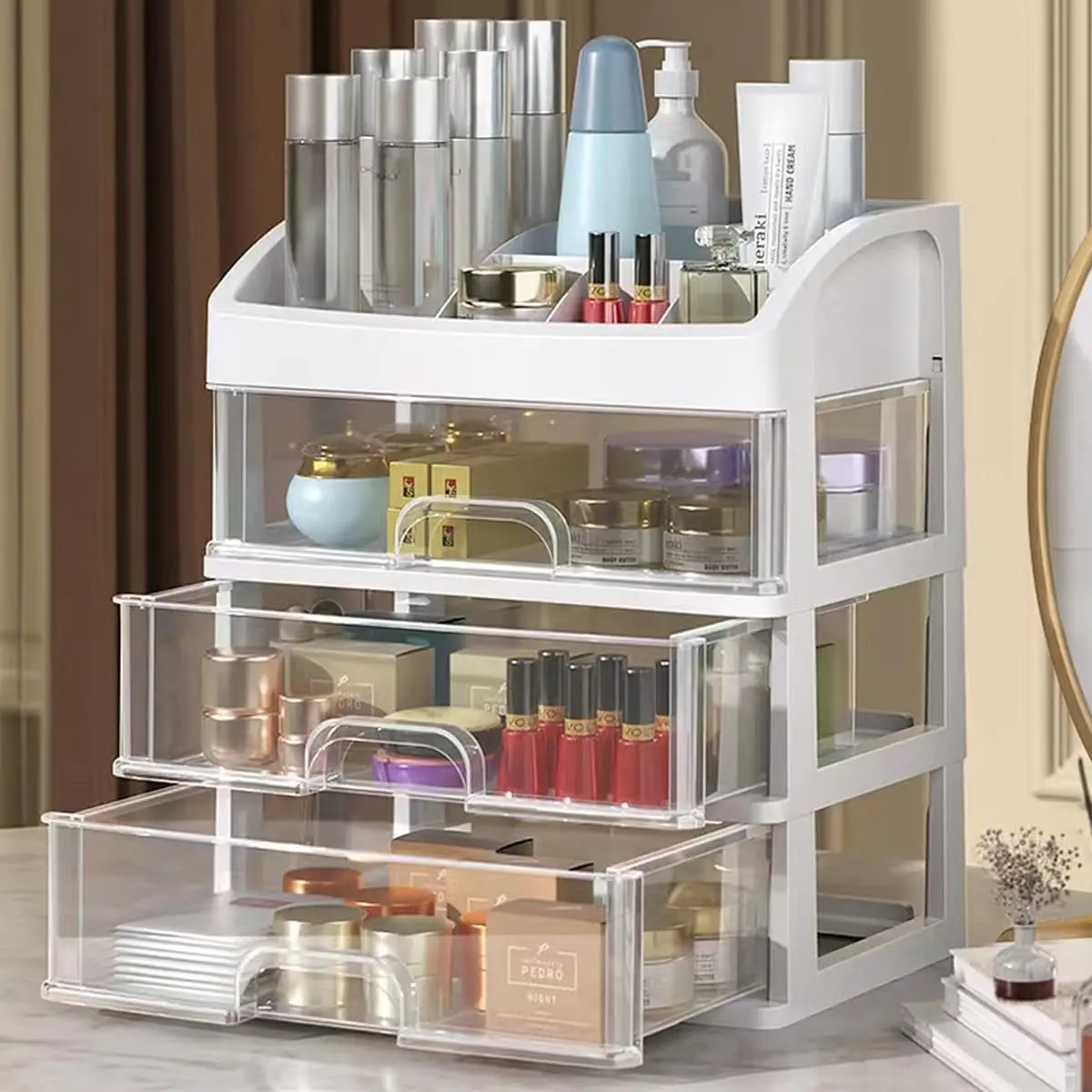 Makeup Organizer with 3 Clear Drawers, Large Capacity Countertop Cosmetic Storage Display Case, Skincare & Makeup Storage Box for Vanity, Bathroom & Bedroom