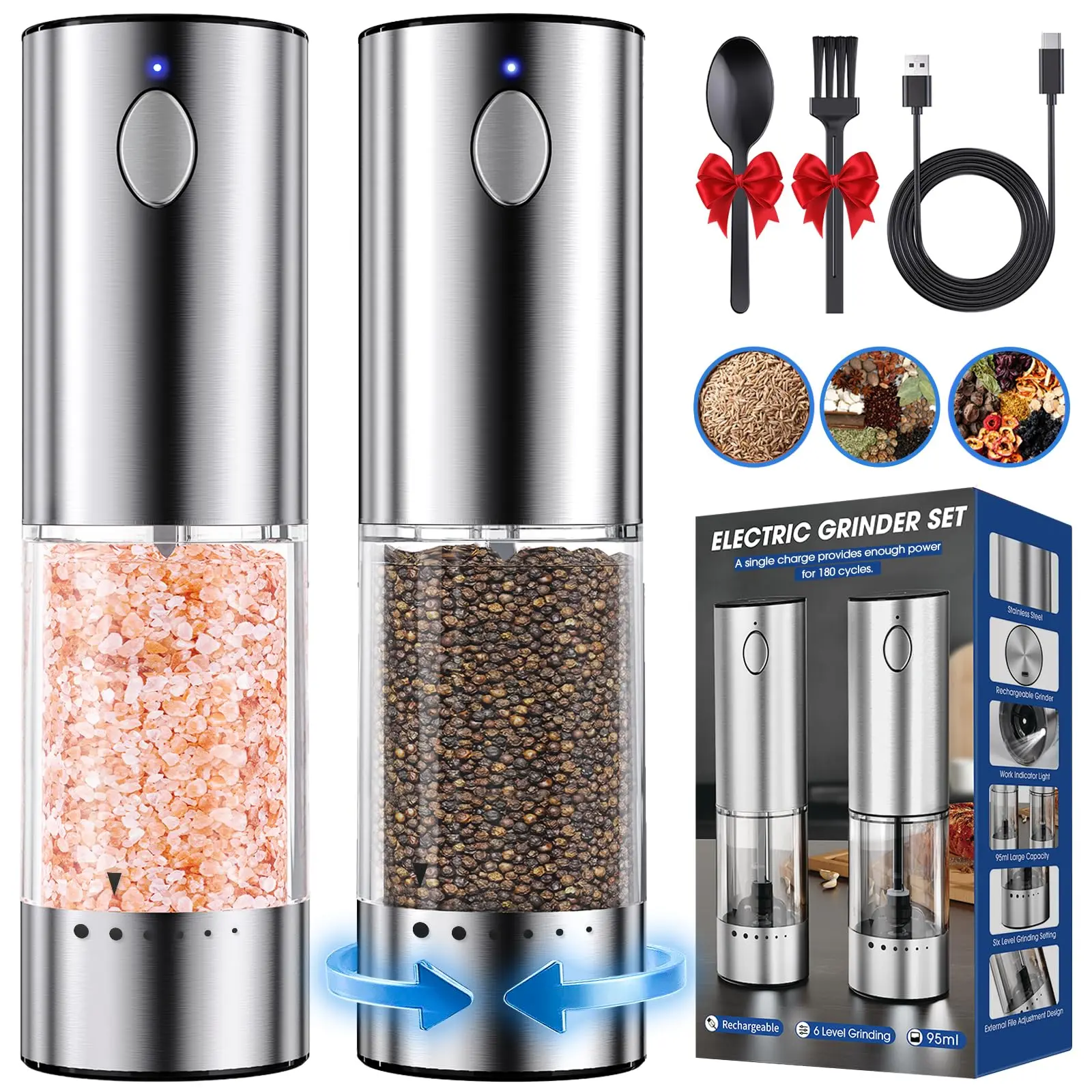2-Piece Upgraded Larger Capacity Rechargeable Type-C Electric Salt and Pepper Grinder Set, Stainless Steel with LED Light, 6 Adjustable Coarseness, 1-Button 1-Hand Operation, Kitchen Utensils for Seasonings, Home Kitchen & BBQ Use, Ideal Gift, Christmas,,