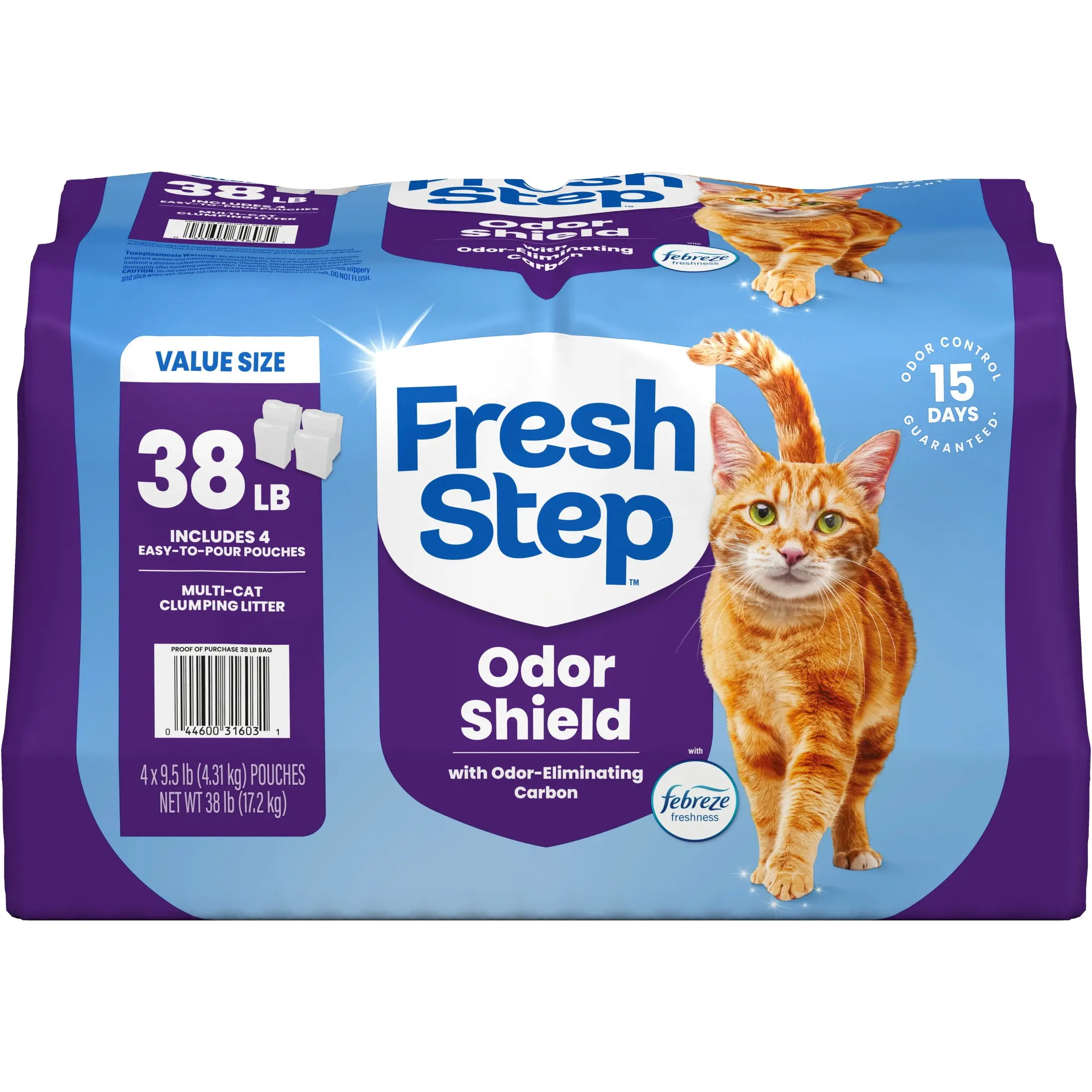 Fresh Step Odor Shield Multi-Cat Clumping Clay Litter - Febreze Freshness, Pet Odor Control, Busy Homes, Daily Cleanouts, Keeps House Clean - 38 lb, 4-Pack Pouches