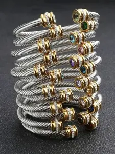 Unisex Casual Fashion Stainless Steel Birthstone Cuff Bracelet, Rhinestone Design, Zinc Alloy Chain, All Seasons Wear, Rhinestone Bangle Bracelet
