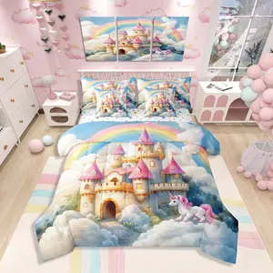 Princess Castle 7 Pieces Bedding Set,Dreamy Fairy Tale Watercolor Rainbow Sky Bed in a Bag for Kids,Cartoon Unicorn Fantasy Animal Girly Comforter Set with Sheets,Pillow Covers