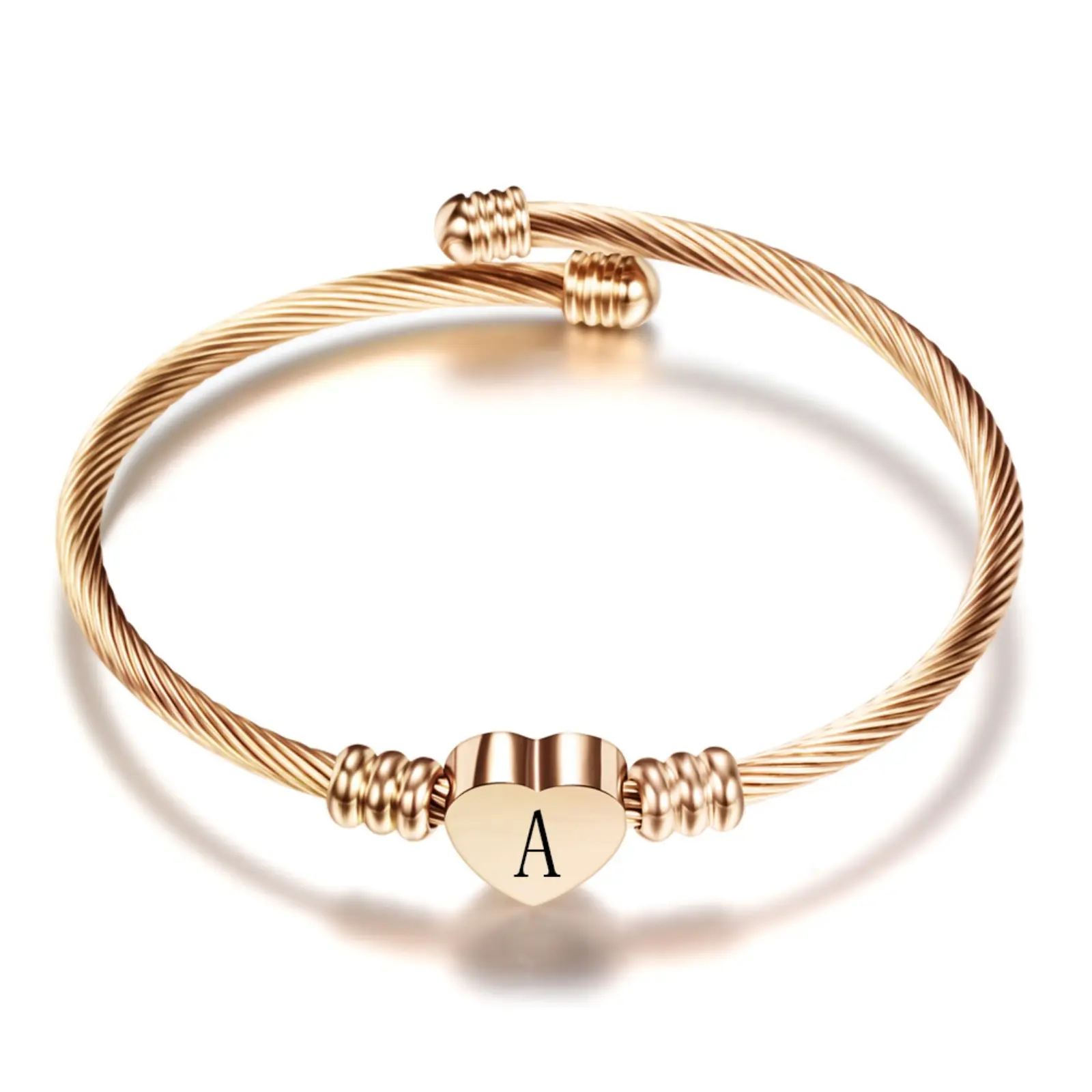 26 letters stainless steel bracelet, simple and personalized heart-shaped rose golden bracelet, women's open bracelet, versatile bracelet