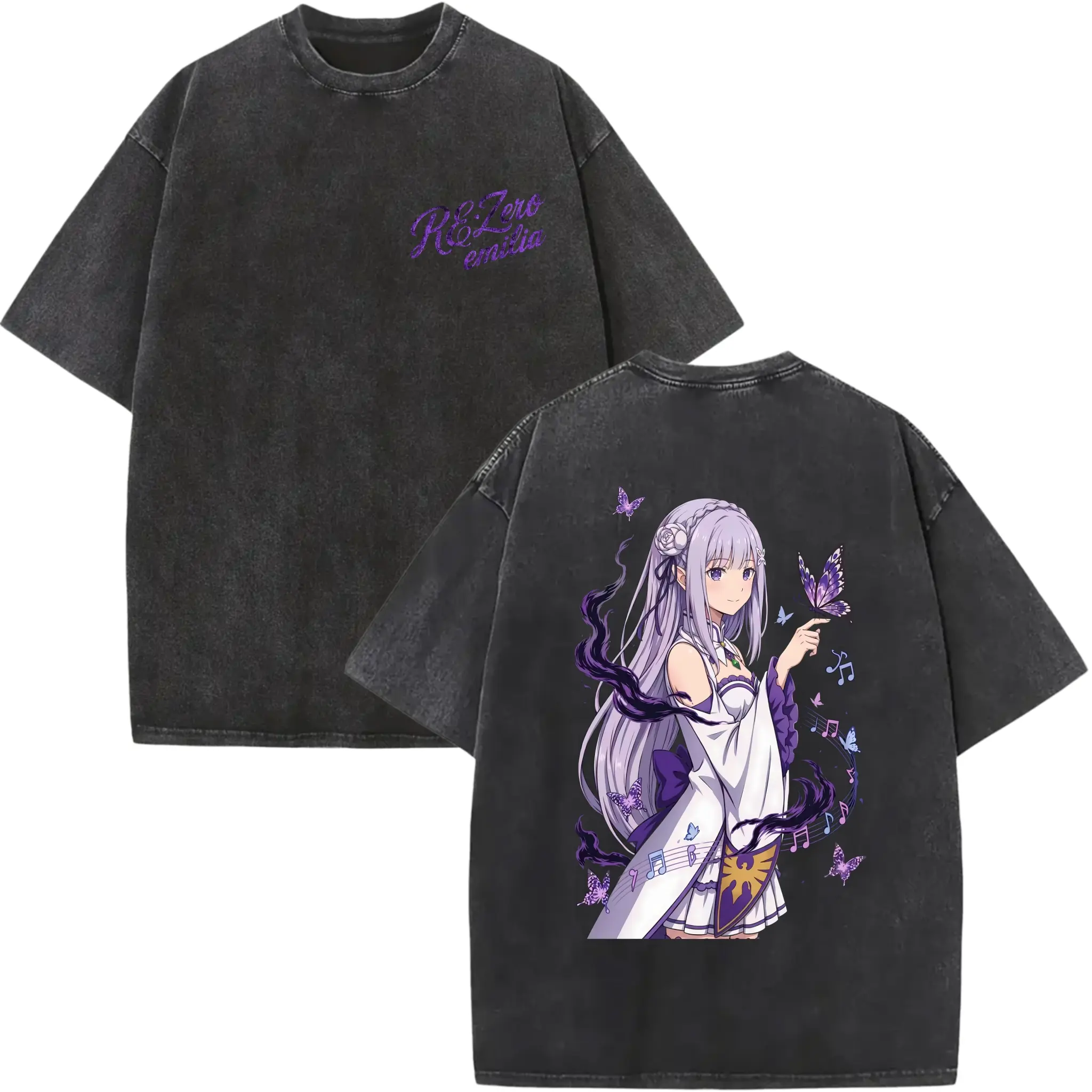 Re:Zero Emilia Vintage Acid Wash Graphic Tee, 100% Pure Cotton Breathable Crewneck Anime T-Shirt for Men Women (S-3XL)