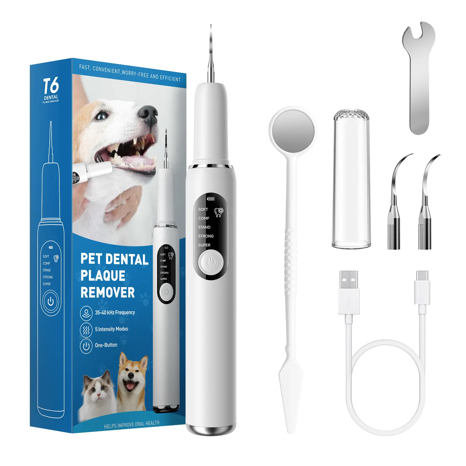 Curvy Moon Pet Ultrasonic Tooth Cleaner - Dog & Cat Plaque Tartar Remover, Professional Home Dental Scaler, Rechargeable Pet Dental Care Kit, Save Vet Bills