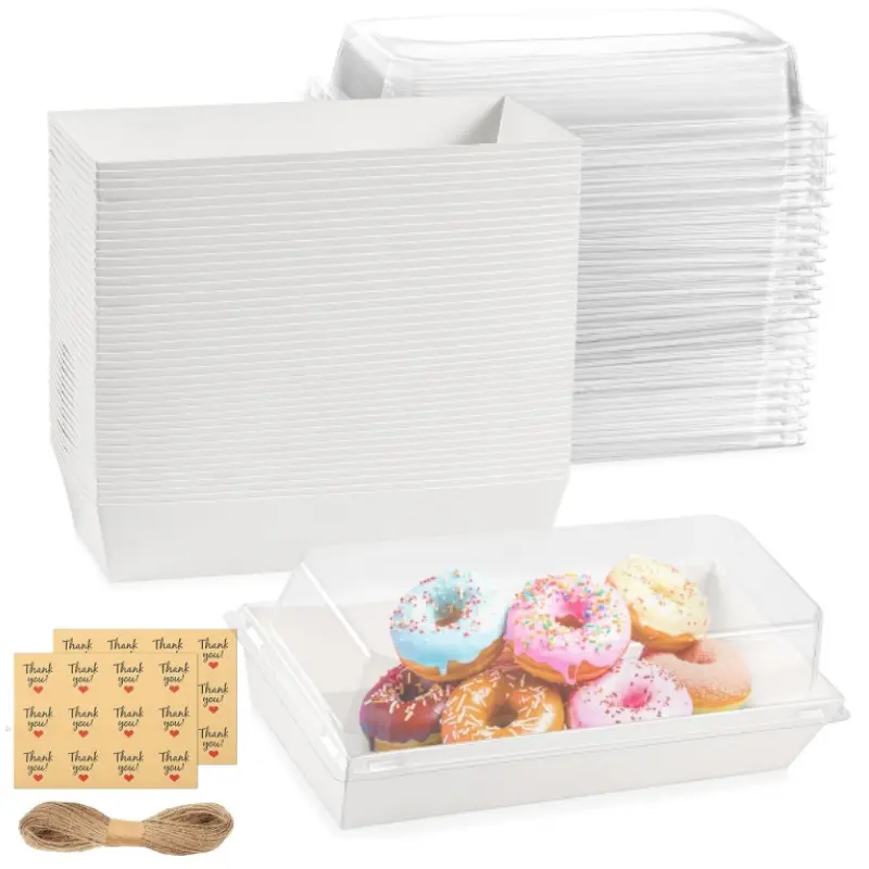 50 Pack Sandwich Boxes with Clear Lids, with 50 stickers and 40m hemp rope ropes, Paper Food Boxes, Rectangle To Go Food Tray for Sushi, Swiss Roll Cake, Sandwich, Cookie, Fruits, Hot Chocolate Bombs, Hot Dog