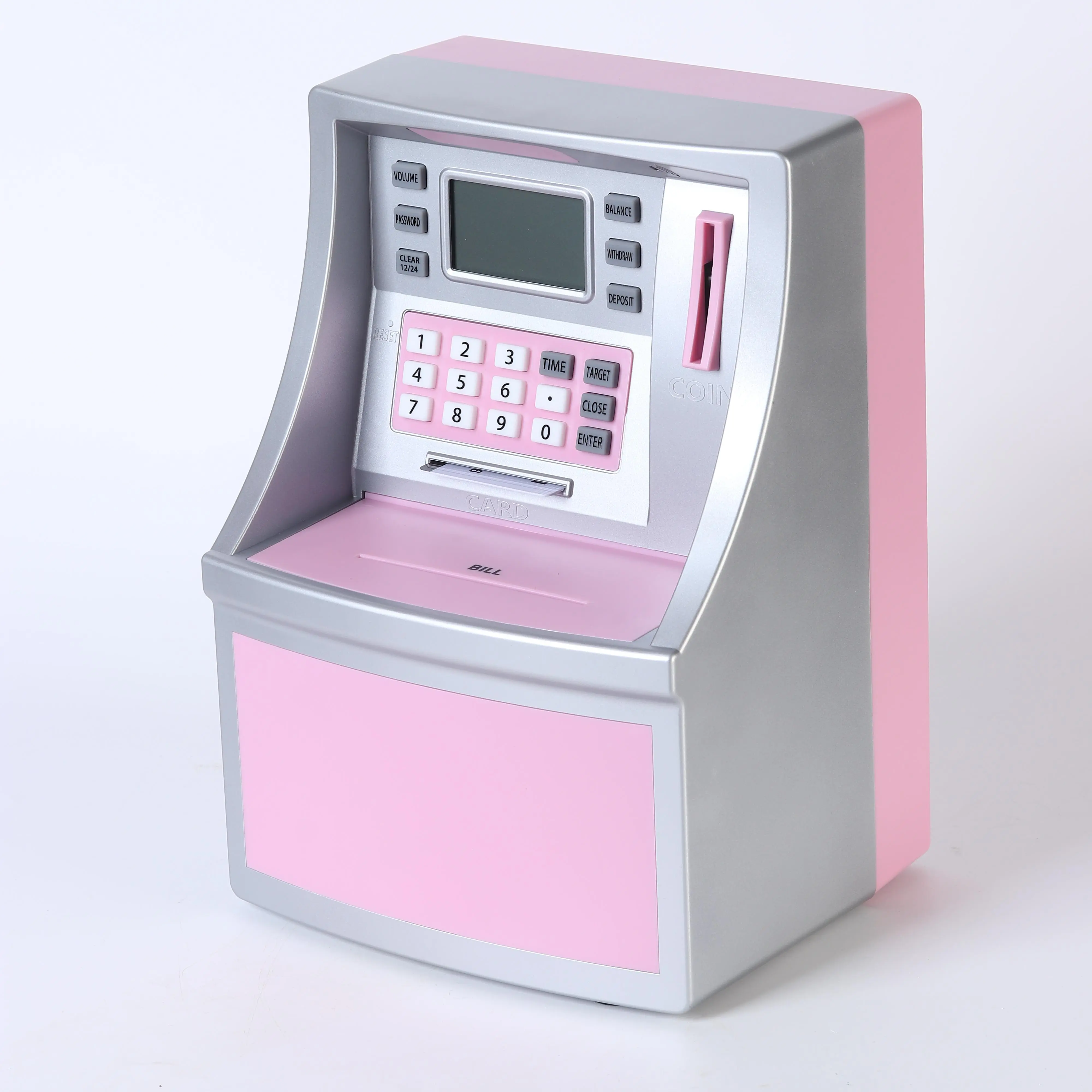 Silver Pink ATM bank savings account, recognizes US dollars and coins, with PIN and card reader, automatic coin reel (paper money amount manually entered), with calculator and clock.