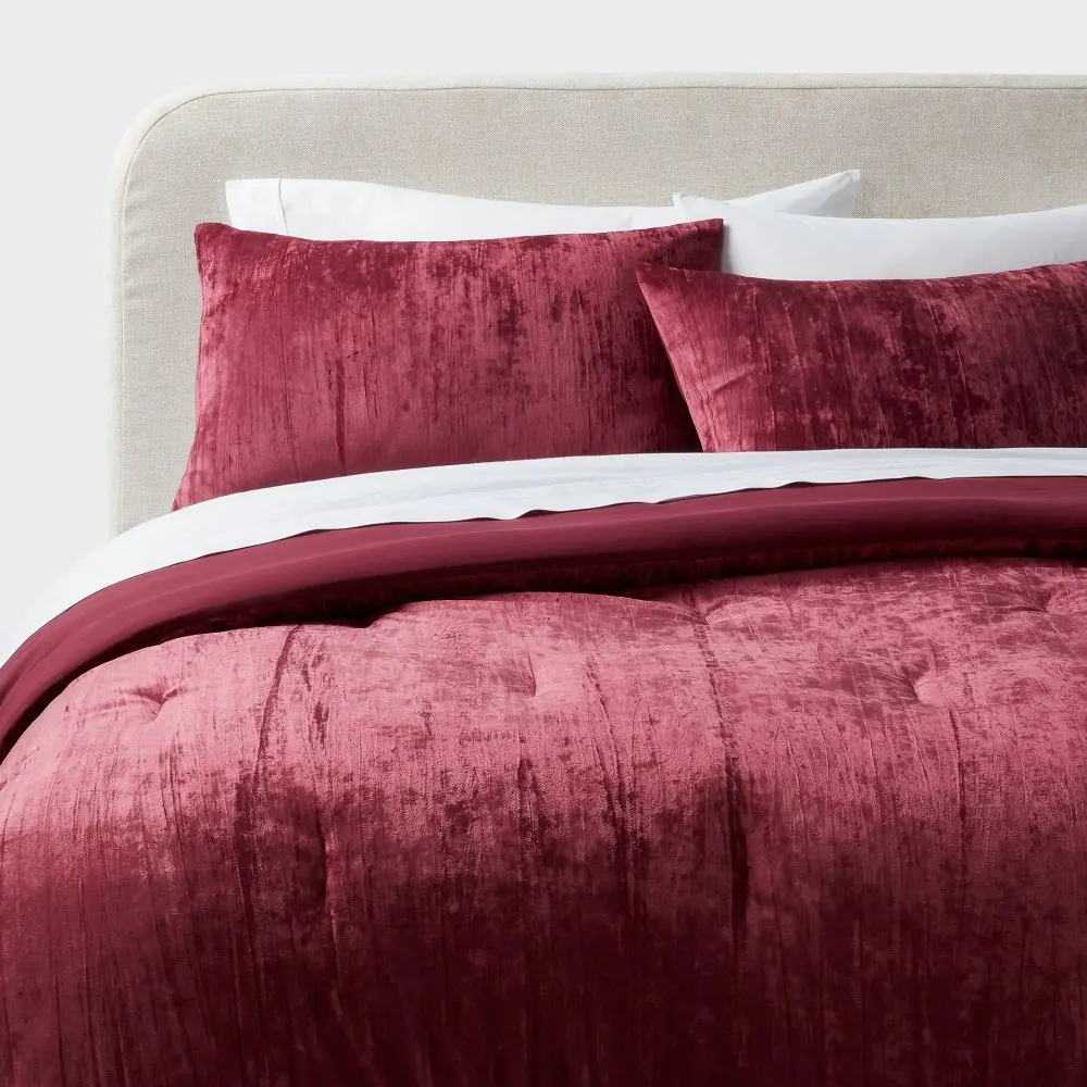 3pc King Luxe Distressed Crinkle Velvet Comforter and Sham Set Berry Red - Threshold: OEKO-TEX Certified Recycled Polyester