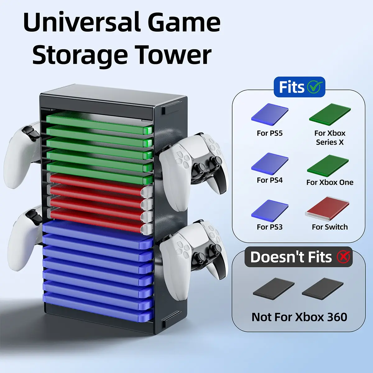 Desktop Universal Gaming Room Game Storage Tower Organiser Racks Compatible with Ps5/ps4/ps3/switch/xbox Series X, 4 Controller Slots + Disc Slots + Earphone Hook + Headphone, No Installation Needed