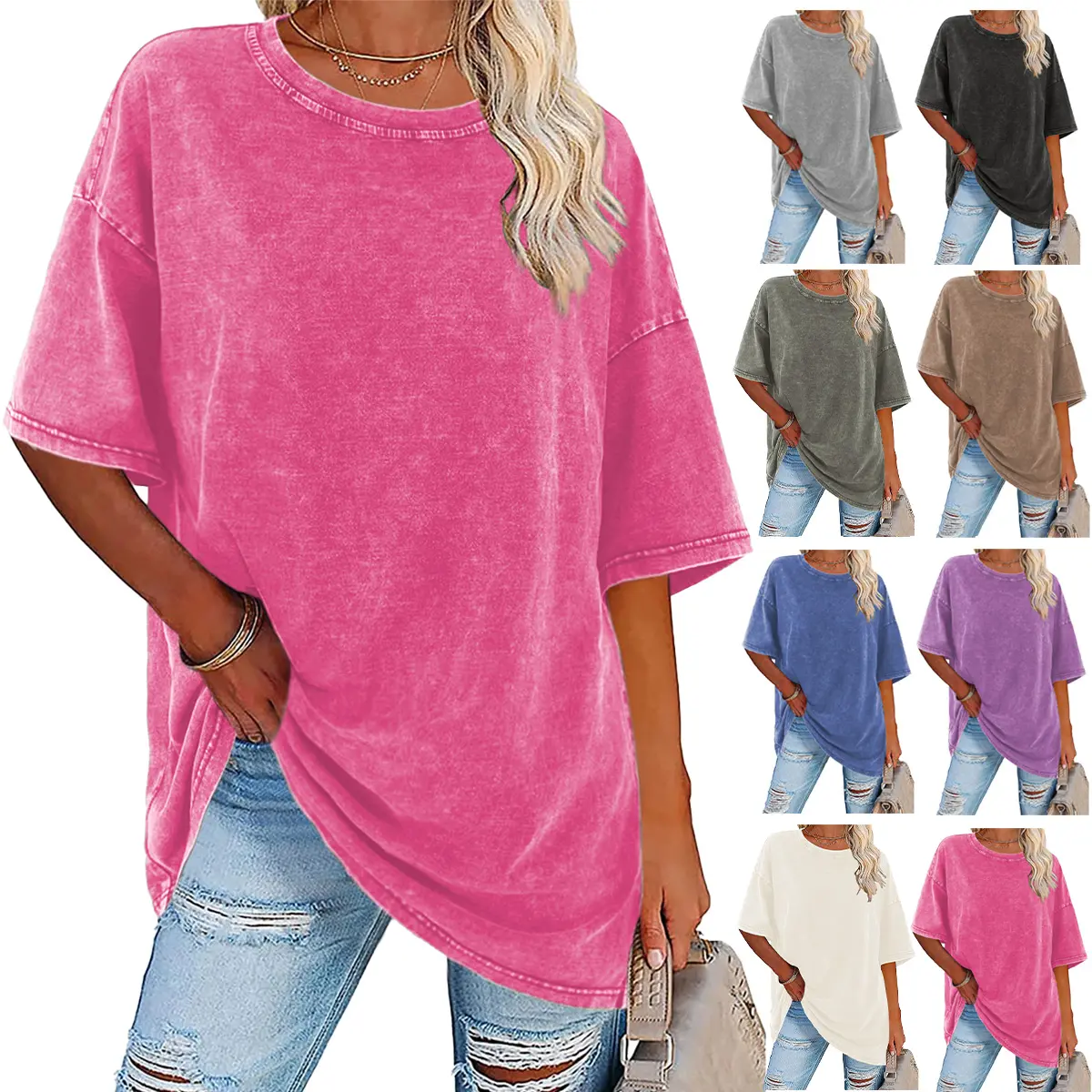 Holafish Women's Vintage Acid Washed Heavy Cotton Round Neck Tshirt - Soft Solid Short Sleeve Loose-Fit Basic Casual Streetwear Clothes, Ideal for Pairing with Jackets, Coats