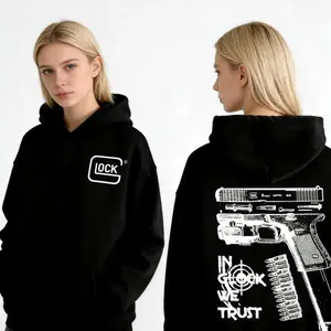 In Glock We Trust double-sided hoodies/sweatshirts/t-shirts, men’s, women’s — neutral style, 100% cotton, black fashion fabric GARMENTARY