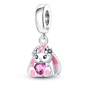925 Silver Bunny Rabbit Charm with Zirconia Heart Shape Pendant, Hypoallergenic Cadmium-Free Charms for DIY Bracelets & Necklaces
