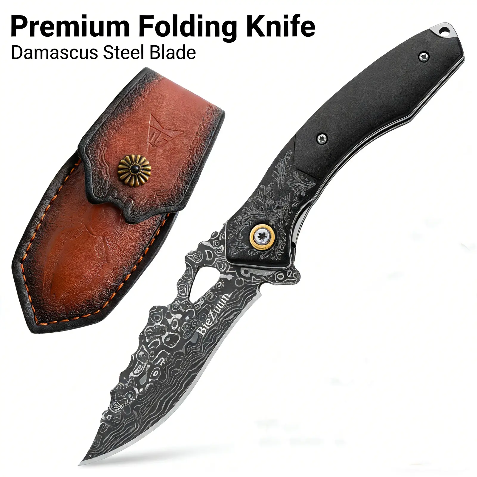 High-Quality Stainless Steel Folding Chef's Knife - Hand-Forged Corrosion-Text Blade, Dual-Rivets Handle, Secure Grip, Rust Resistant, Included Leather Sheath, Sharp for Cooking (No Unnecessary Add-Ons)