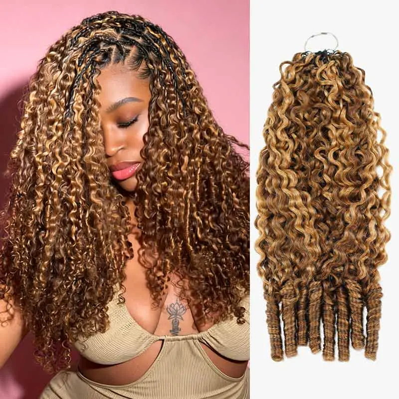 QVR Seamless Burmese Curly Feathered Crochet Humanhair Extensions, #P4/27 Highlight, Machine-Made 2-Piece Extensions Hair