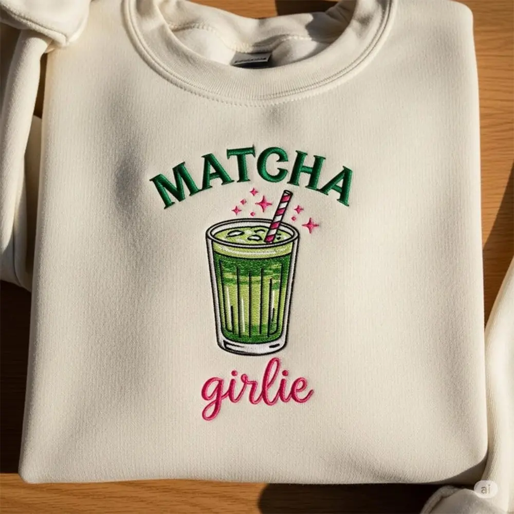 Matcha Girlie Embroidered Crewneck | Coquette Aesthetic Green Tea Sweatshirt | Soft Y2K Retro Pullover Gift for Matcha Lovers