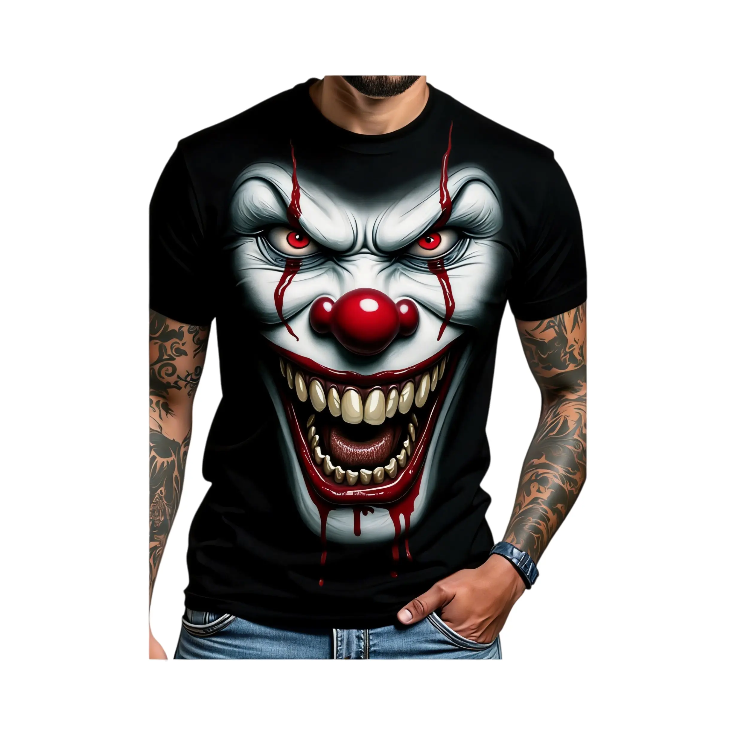 Men's Spooky 3D Clown Graphic T-Shirt, Casual Round Neck Streetwear for Halloween, Big & Tall Sizes S-5XL, Shortsleeve, Tee, Print, Clown Face, Hyperrealism, Breathable Fabric, Soft Cotton, Horror Fans, 2Xl, Cold Wash, Lightweight