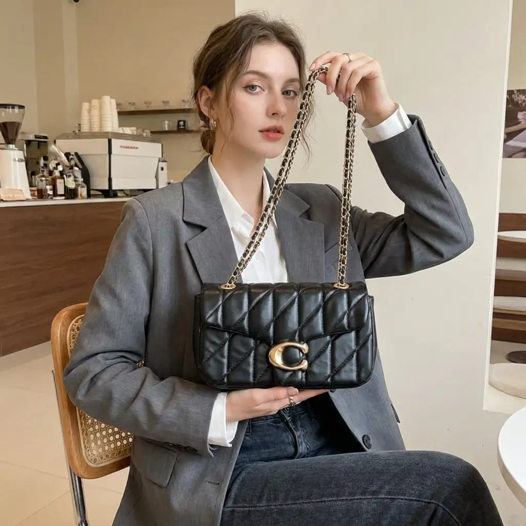 Women's Quilted Grid PU Leather Crossbody Bag - Chic, Lightweight Gym/Shoulder Bag with Gold Chain, Ideal for Work & Casual Commuting
