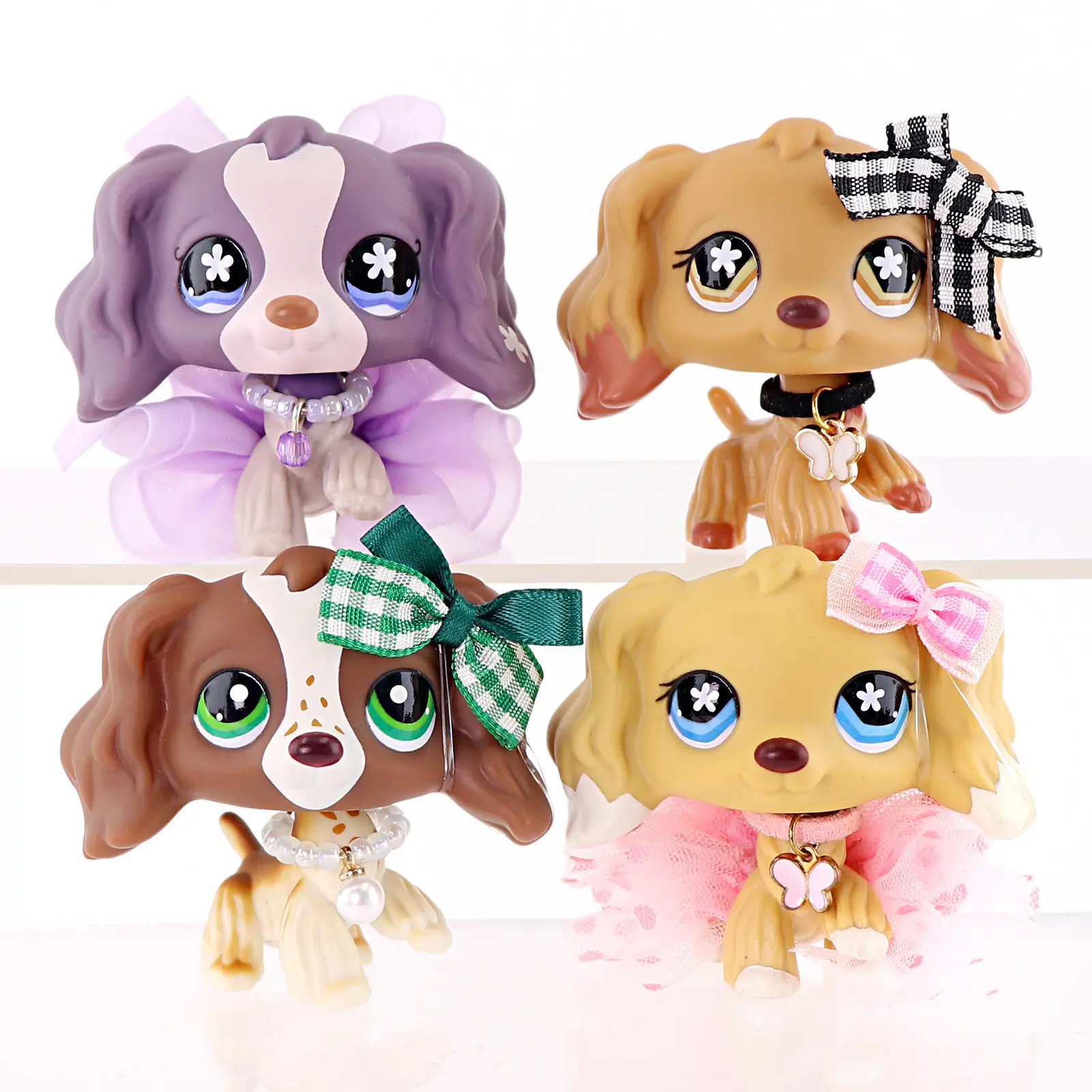 4 Pcs Plastic Long Ear Spaniel Puppy Figurine Set - Smooth Cartoon Dog Figures with Bow, Tutu, Collar Accessories, Eye-Catching Kawaii Cuteness Collectibles, Shelf/Desktop Decor Gift for Hobby Collectors