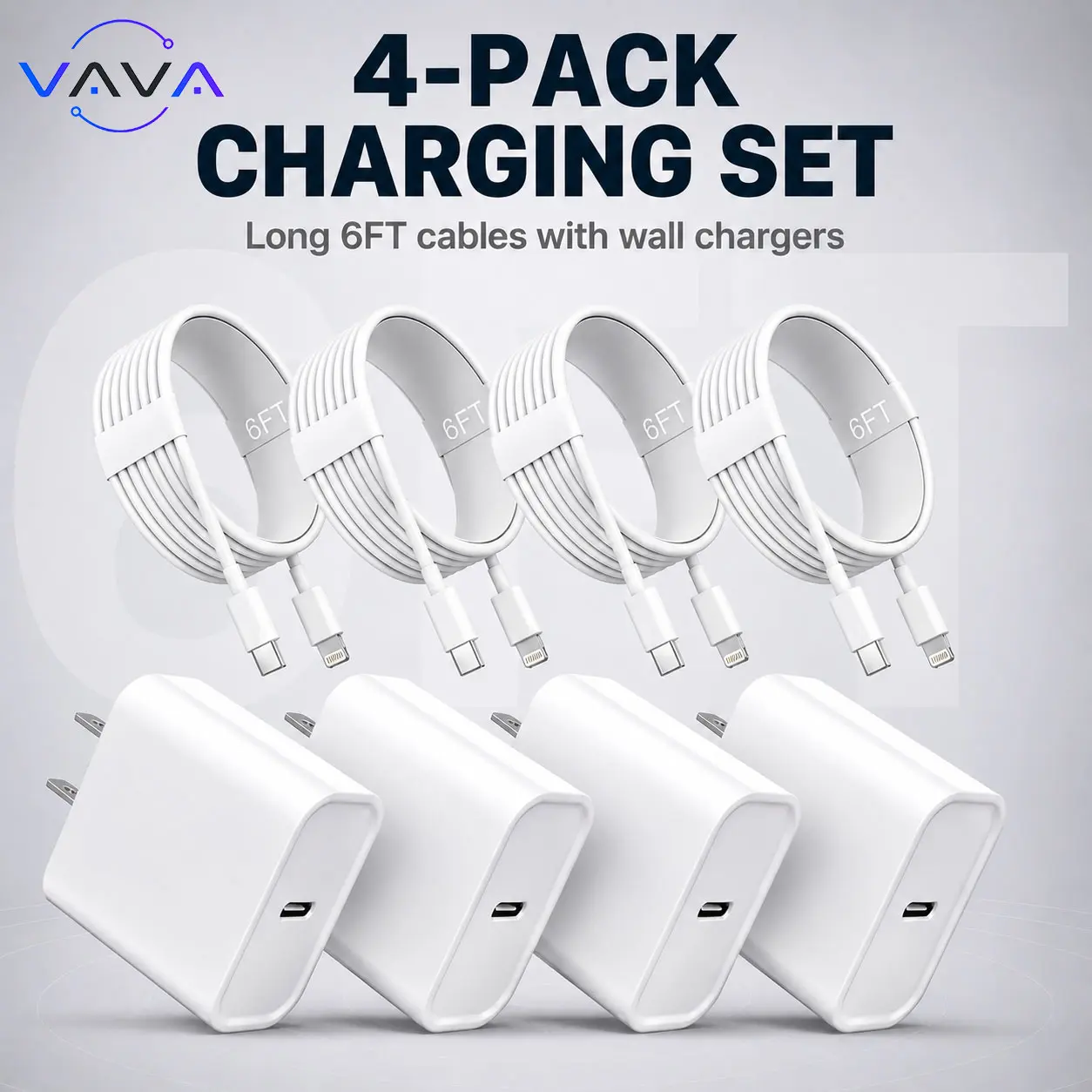 4-Pack 20W Super Fast Charging USB-C Wall Charger Block with 4-Pack 6FT USB-C to Lightning Cable for iPhone 14/13/12/12 ProMax/11/Xs Max/XR/X, AirPods Pro, iPad - Ideal for Travel &Home and so on Quick Connect Adapters