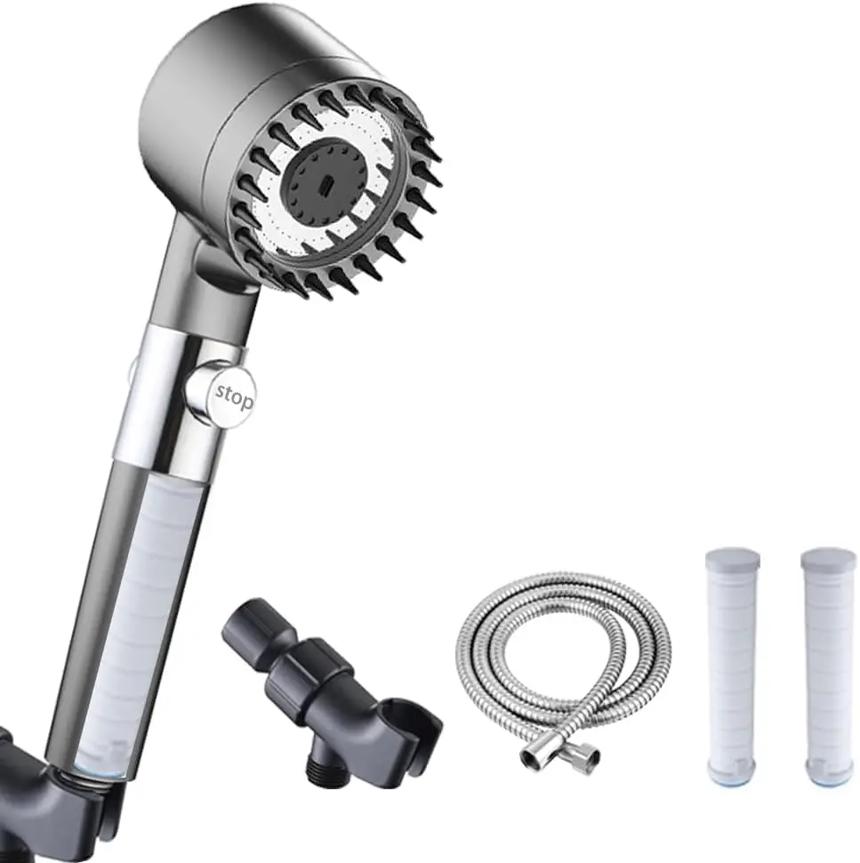 High Pressure Shower Head, Hard Water Filtered Shower Head and Hose Set with 4 Filters, 59‘’ Hose & Bracket, 4 Spray Modes & Pause Switch, Massage Showerhead for Remove Chlorine