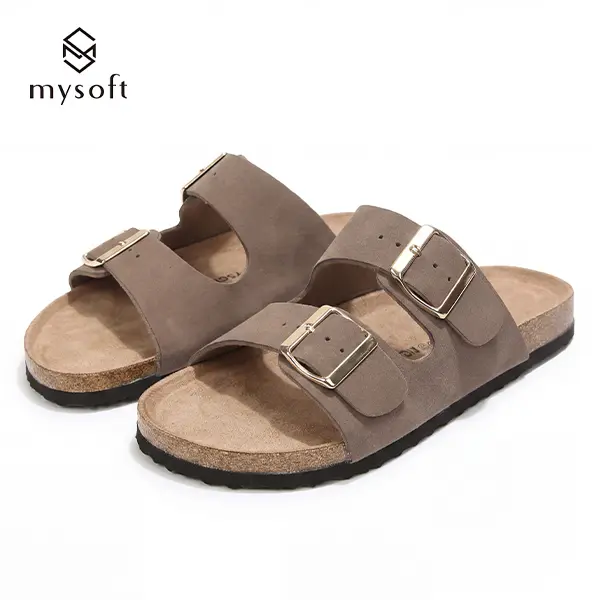 Women's Flat Sandals with 2 Adjustable Buckle Straps, Cork Footbed Slides for Summer, Comfortable Slip-On Shoes, Shoes For Women, Adjustable Size Women's Flat Sandals