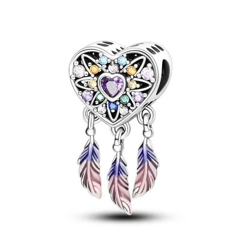 925 Sterling Silver Heart-Shaped Dreamcatcher Bracelet Charm, Nickel-Free Female Pendant, DIY Bead Accessory, Ideal Gift for Mother's Day, Anniversary