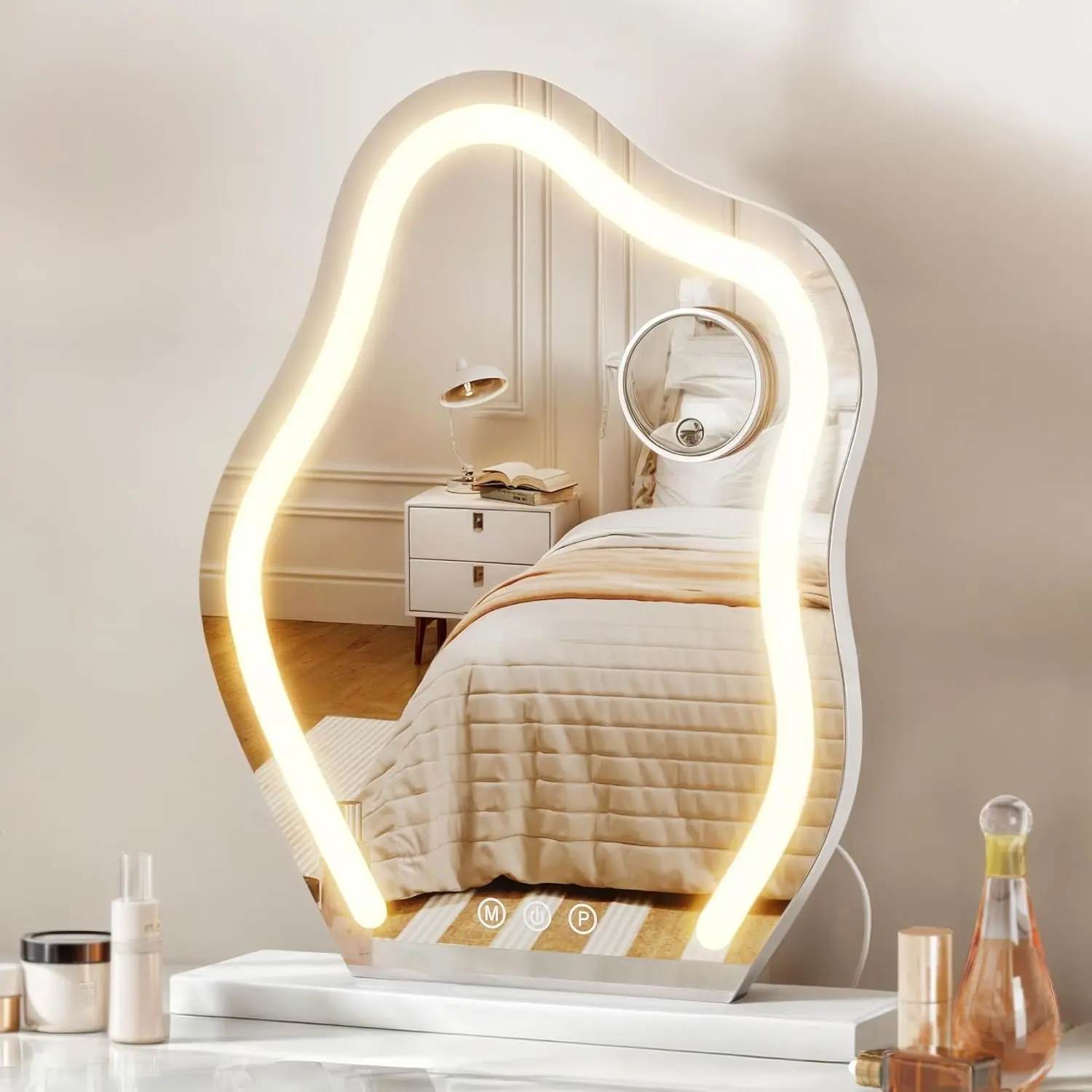 Elegant Cloud-Shape Aluminium LED Vanity Mirror with Glass Surface, Smart Touch Switch, Dimmable 3-Color Lights, 5x Magnification, Memory Function, Durable Adjustable Design for Vanity Desk, Home Decor
