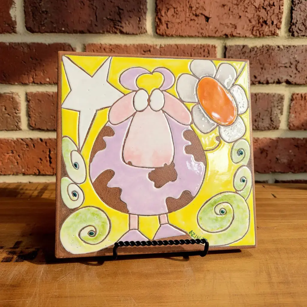 Artisan Signature Handmade Whimsical Cow Pottery Tile Trivet - 8"x8", 22oz, Orange-Yellow-Purple Daisy-Star-Flower Design, Decorative Collectible Cultural Backsplash Kitchen/Bathroom Backsplash Decor Item