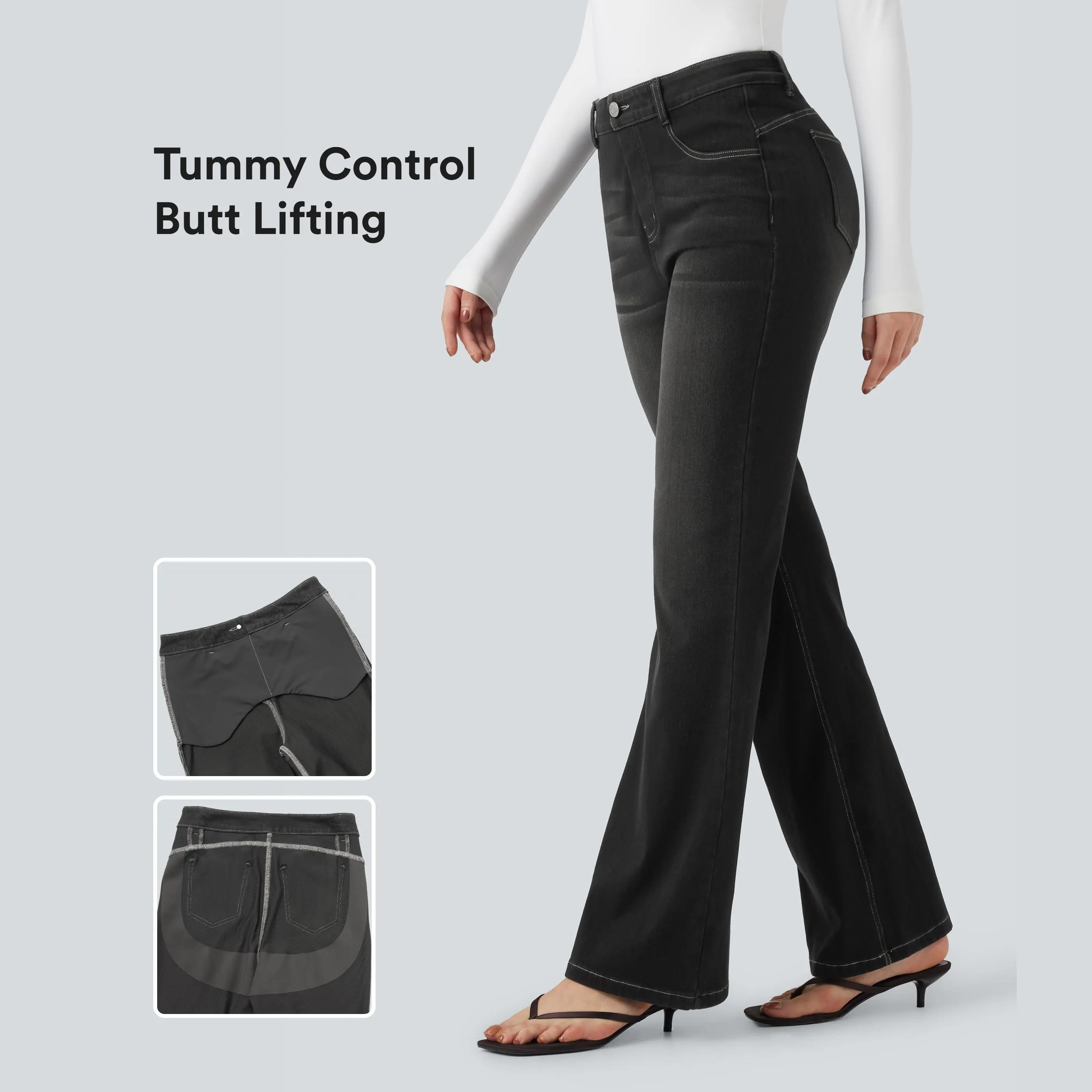 Halara Flex High Waisted Tummy Control Butt Lifting Denim Casual Bootcut Leggings with Pockets