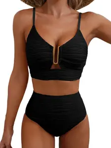 2026 New European & American Cross-Border Style: Women's V-Neck Cutout Bikini Swimsuit with High Waist and Textured Ruching