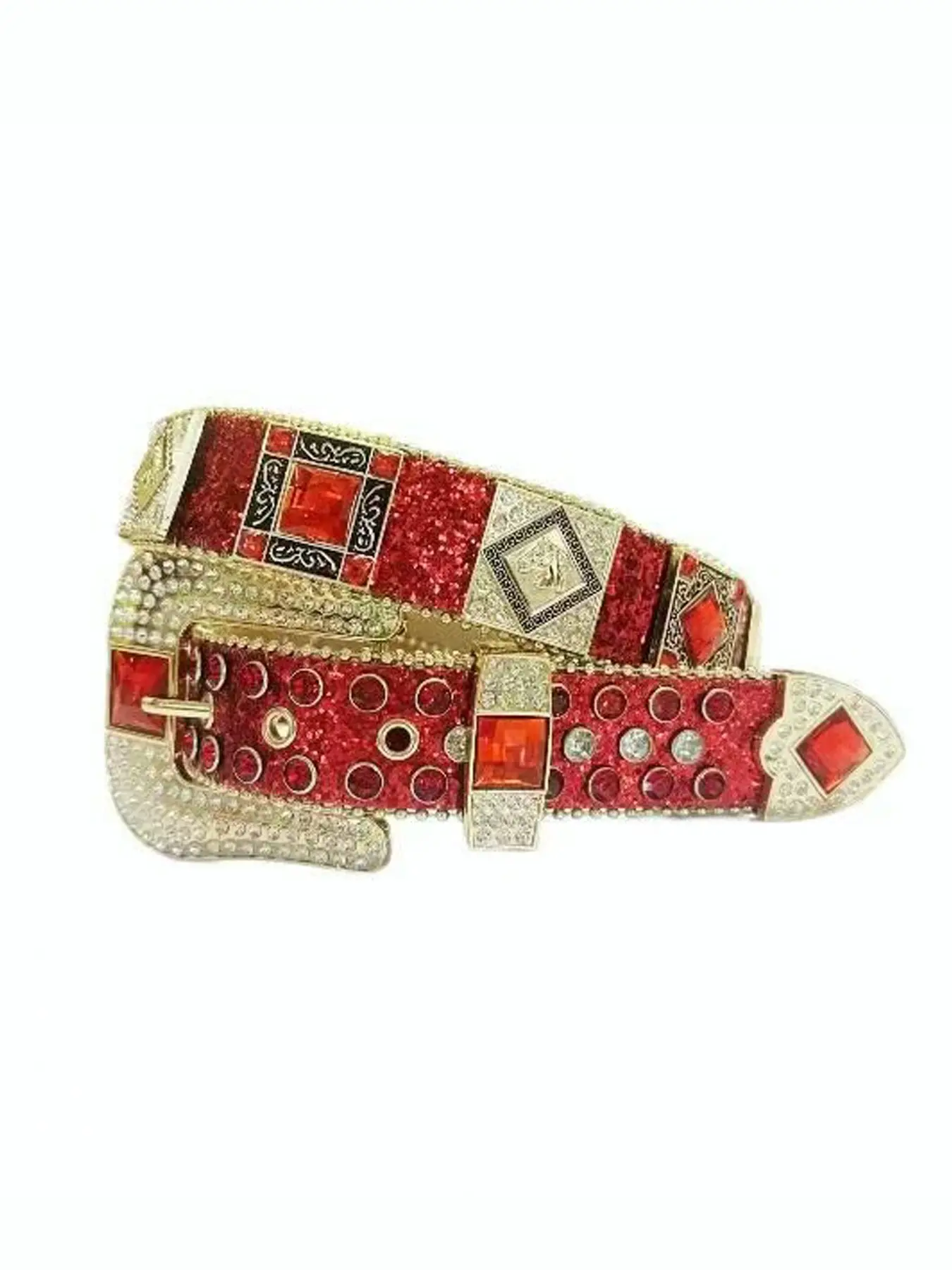 Sparkly Rhinestone Diamond Sequin Studded Patchwork Pattern Decorative Belt for Men & Women Western Buckle Belt Rhinestone Decorated Belt - Western Cowgirl Cowboy Style All Seasons Wear