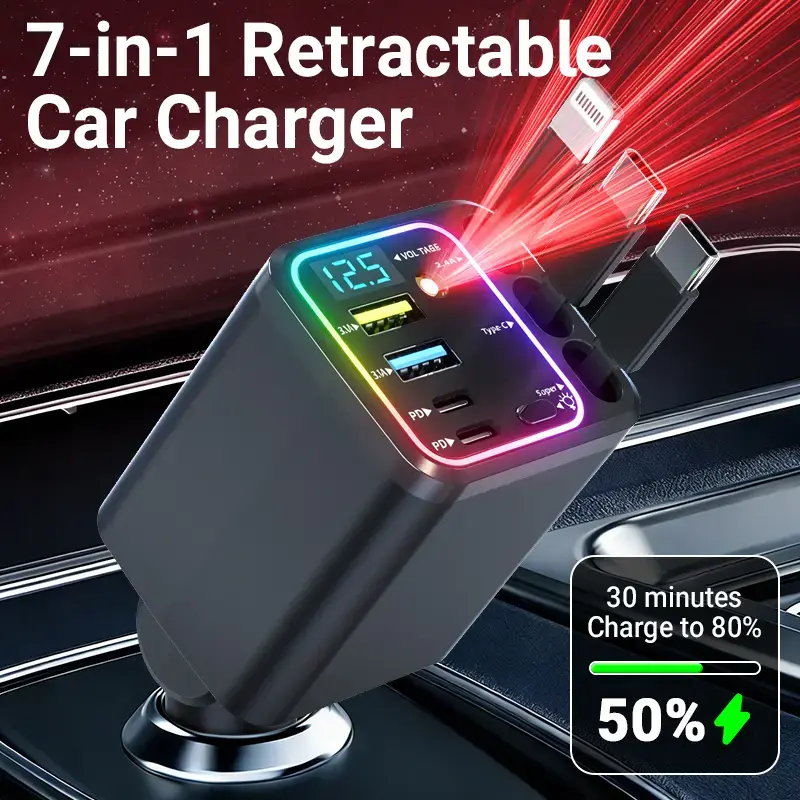 120W Max Super Fast Charging Retractable Car Charger - Plastic Body, Plug & Lock, Starlight Proj, Tangle-Free, 1-Click Galaxy Projector, PD20W USB-A, 65W Power Hub, Voltage Display, for iPhone Android Phone Pad Laptop, Road Trips Center Console Accessory