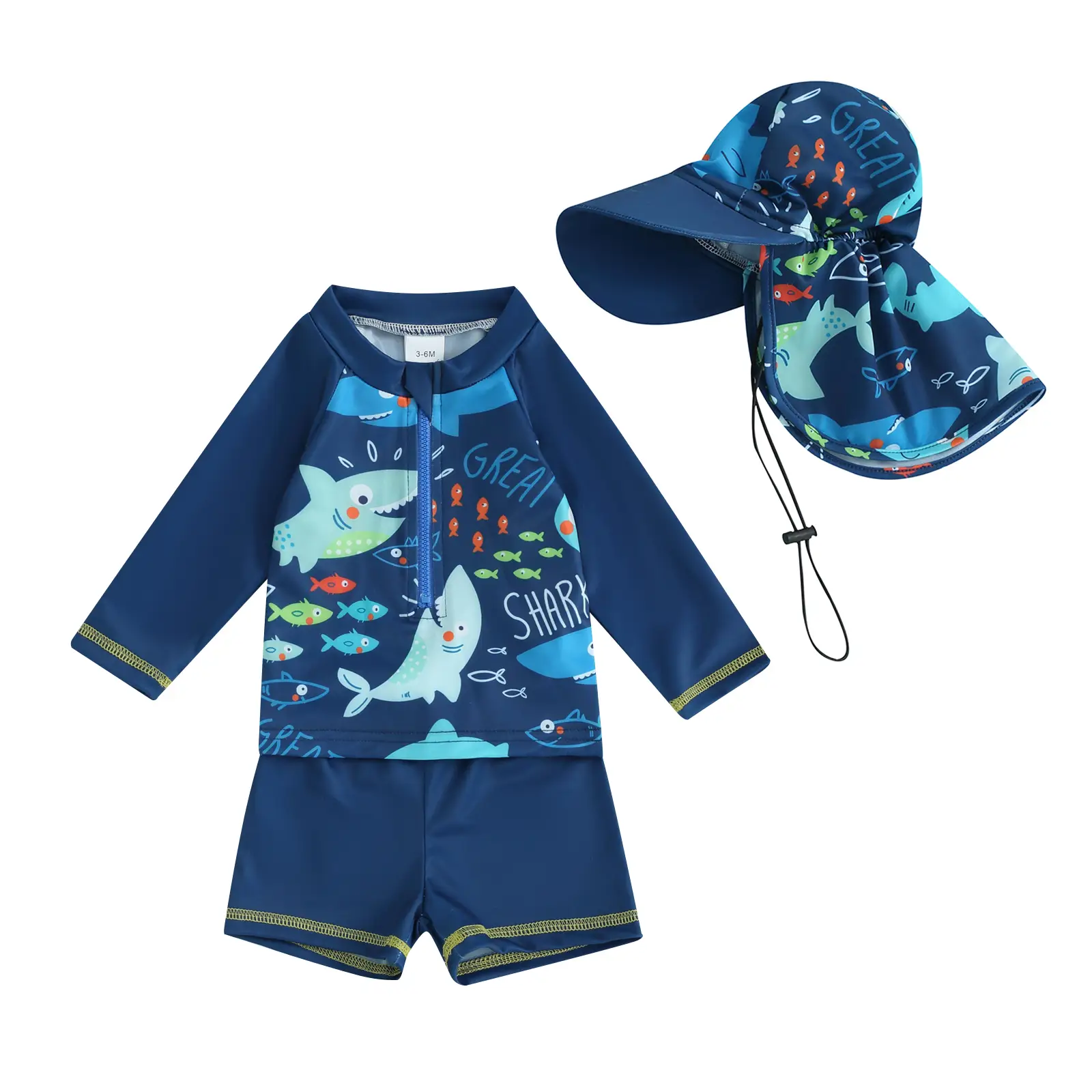 0-5Years Toddler Baby Boys Swimsuit Set Rash Guard Swimwear Shark Long Sleeve Zip Up Shirt+Shorts+Sunhat Bathing Suit Ocean Water