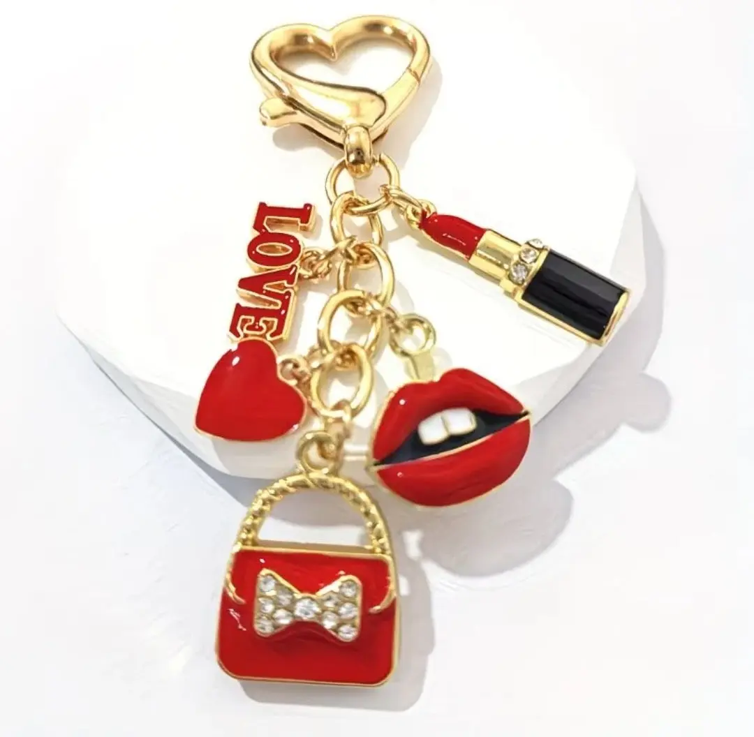 Luxury Red Lipstick Keychain Cute Heart Bag Charm Fashion Pendant for Keys & Handbags