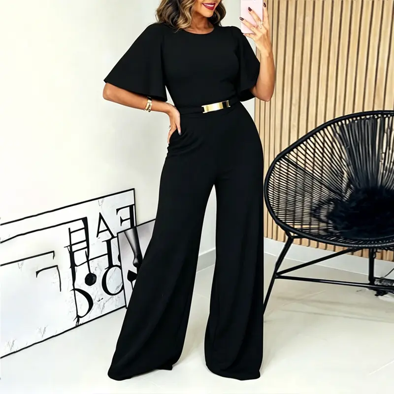 CHICME Women's Elegant Butterfly Sleeve Romper Gold Detail Wide-Leg Jumpsuit High Waist Overalls with Pockets CHICME Women's Elegant Butterfly Sleeve Romper Gold Detail Wide-Leg Jumpsuit High Waist Overalls with Pockets