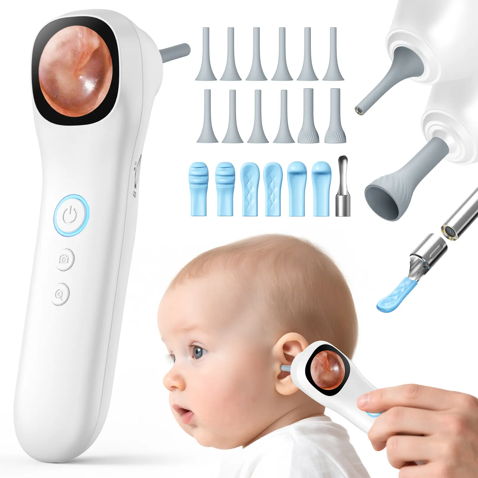 Smart Detector With IPS Screen 5- in-1 1080P HD Video Otoscope with Light Professional Ear Wax Removal Tool for Home Observation of Ear Nose Skin Oral Cavity Suitable for Kids Adults Pets campingessentials