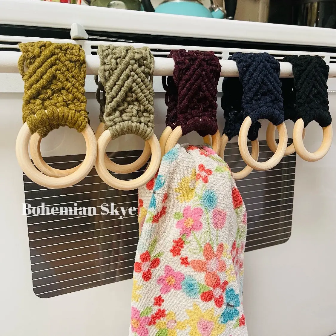 Macrame kitchen towel holder, gift idea, boho kitchen decor, hanging organizer