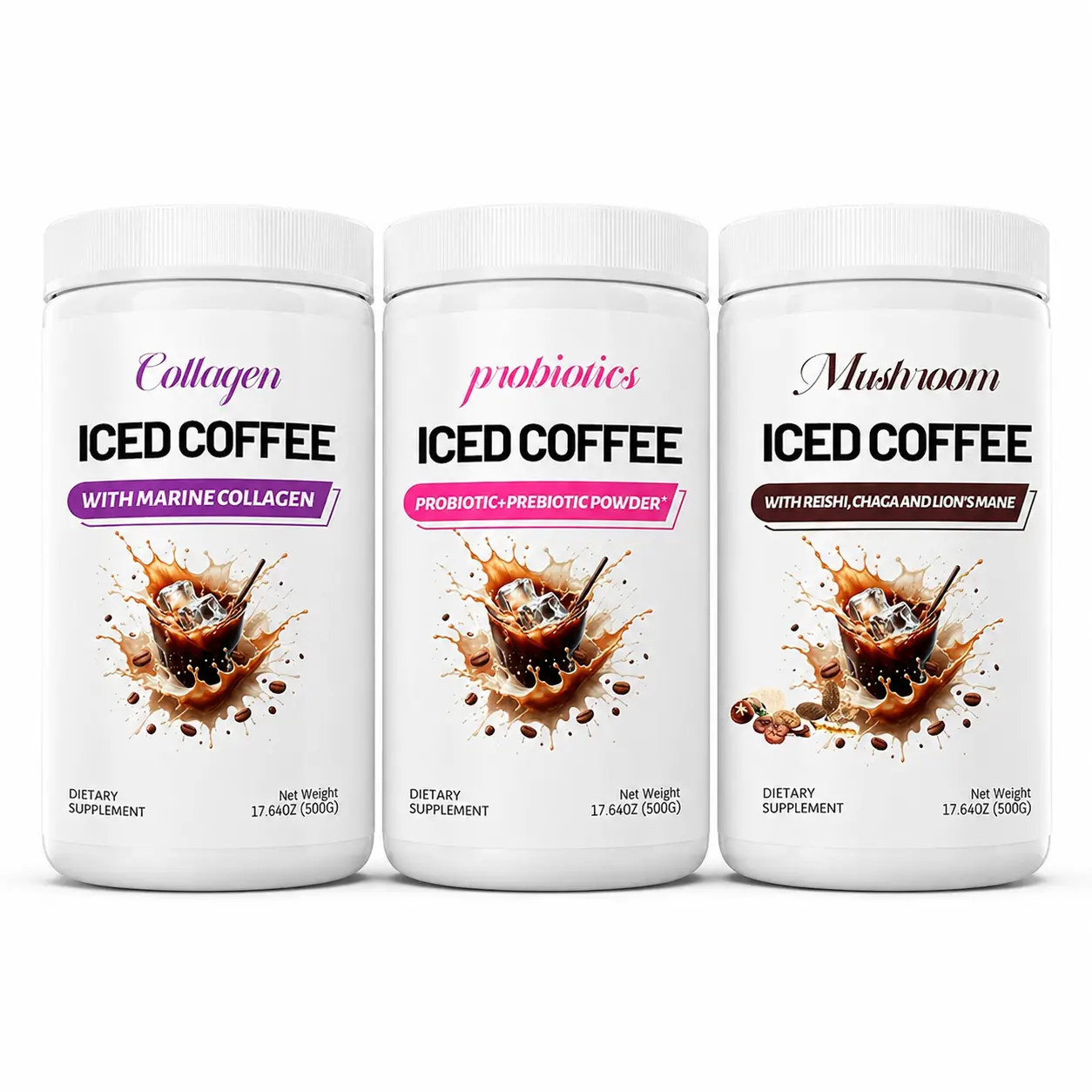 3 Pack Iced Coffee Bundle - (1 Collagen Coffee, 1 Mushroom Coffee, 1 Probiotics Coffee) - 500g