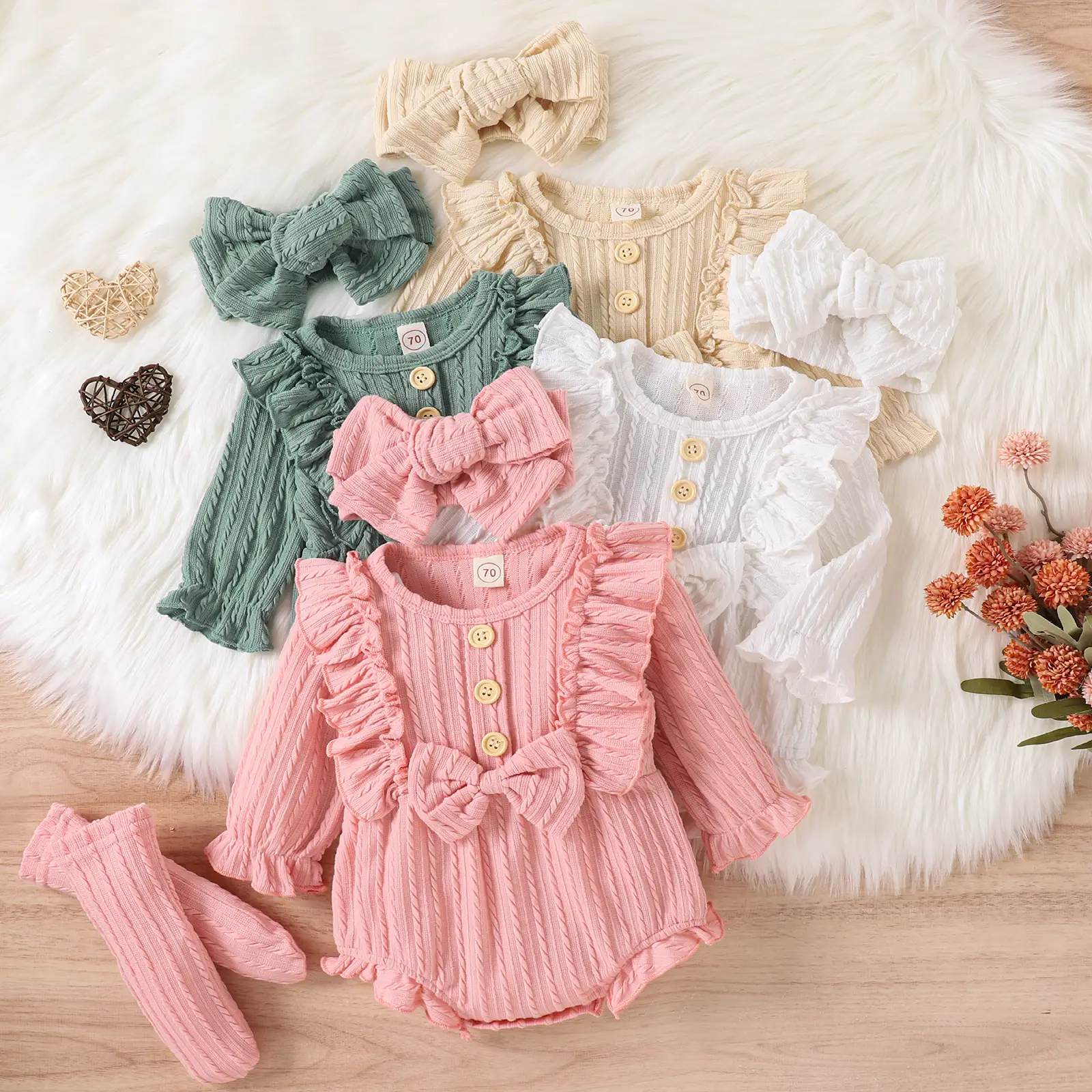 3Pcs Newborn Baby Girls Fall Winter Clothes Long Sleeve Button Front Ruffle Romper+Socks+Headband Set
