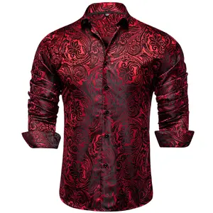 AILISUS Plus Size Men's Paisley Floral Dark Red Long Sleeve Dress Shirt Luxury Formal Casual Breathable Winkle Free Jacquard Button Down Shirts Men Shirts For Wedding Party Form Menswear Tropical SpringStatements