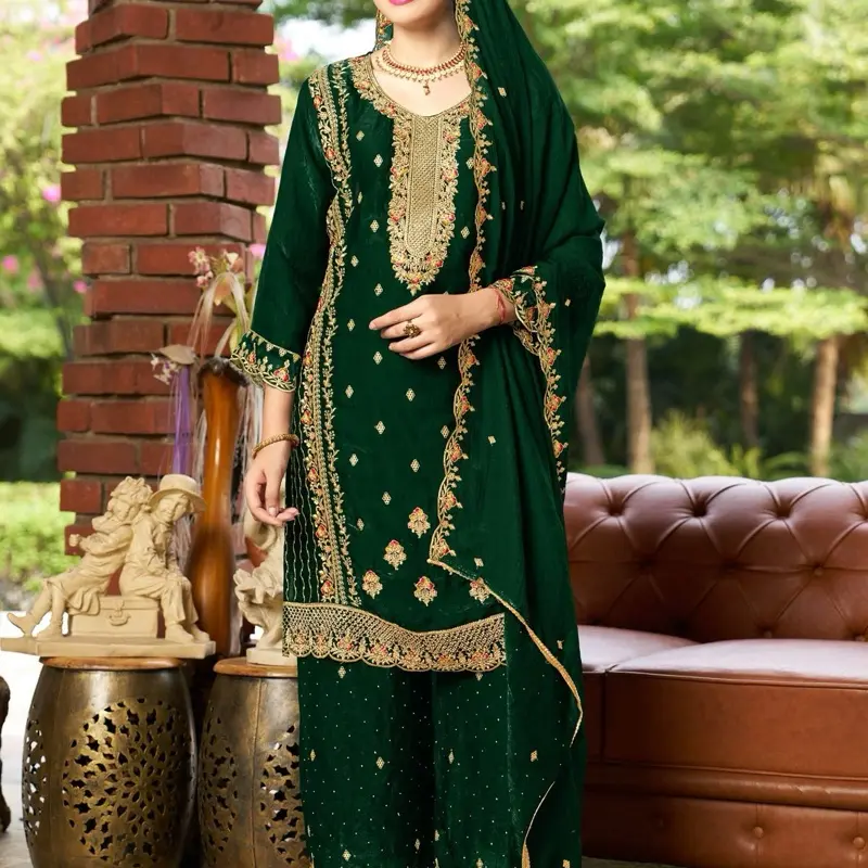 Pakistani Salwar Kameez (Size 42) - Comfortable Fandy Fabric Top, Fandy Plazo Bottom & Dupatta, Exporter Collection, Formal Wear Clothe for Lady with Stylish Design