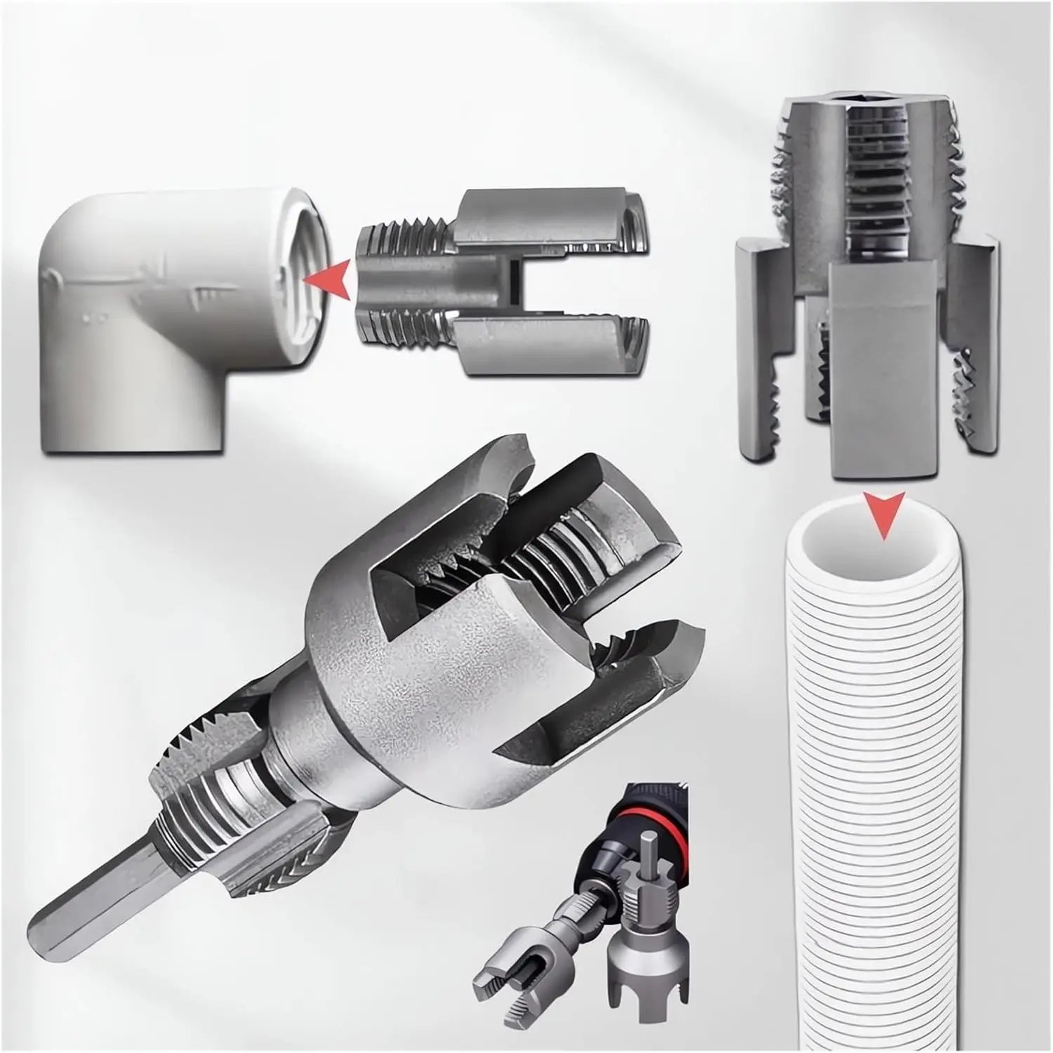 2 in 1 Integrated Internal & External Pipe Threading Tool 1/2 3/4 1 Npt 2025 Front Before PVC Pipe Re Threader Tool Electric Drill Thread Size Maker Kit for Plastic PPR Pipe Tap Die Set (3/4")