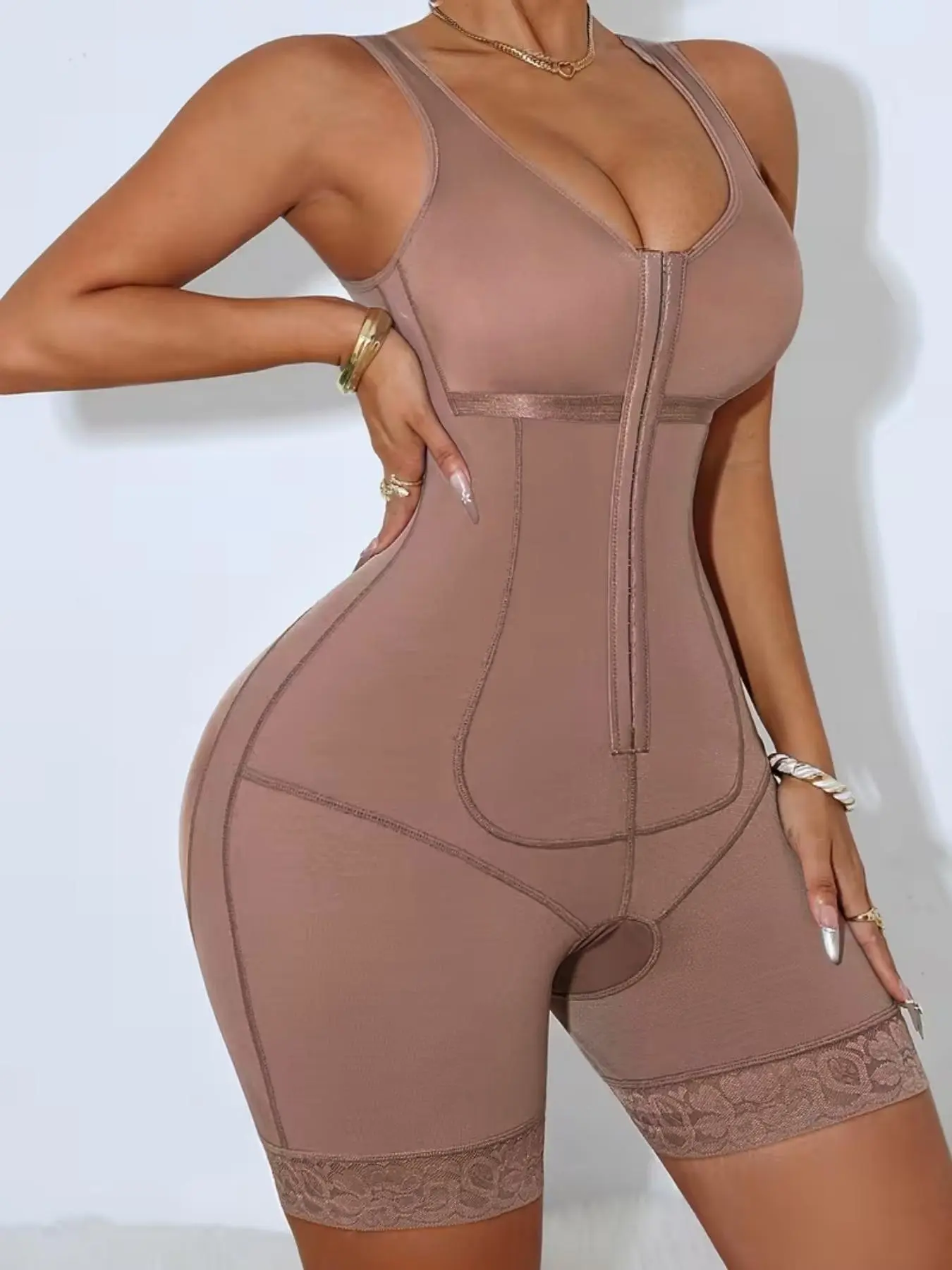 1 Count Women's Basic Solid Color Lace Butt Lifting Tummy Control Shapewear, Underwear, Fajas, Adjustable Hooks Full Body Shaper, Colombian Shapewear, Curves Romper Bodysuit, Suitable For Daily Wear, Training, Various Occasions