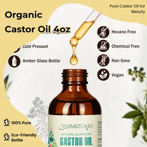 ANIMIZUMU Organic Extra Virgin Castor Oil Liquid for Adults - 100% Pure, Natural, Cold-Pressed, Unrefined, USDA-Certified, Hexane-Free - Haircare & Skin Care (4 Fl Oz Glass Bottle)