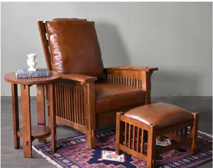 Craftsman-Mission Morris Arm Chair & Ottoman Set-Russet Brown Leather