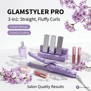 GlamStyler Pro 3-in-1 Interchangeable Hair Styling Tool Curling Iron Flat Iron Combo Beach Waves Curler Anti-Frizz Cool Airflow Styler Fast Heating for Smooth Salon Hair TikTok Gift for Mom 2026