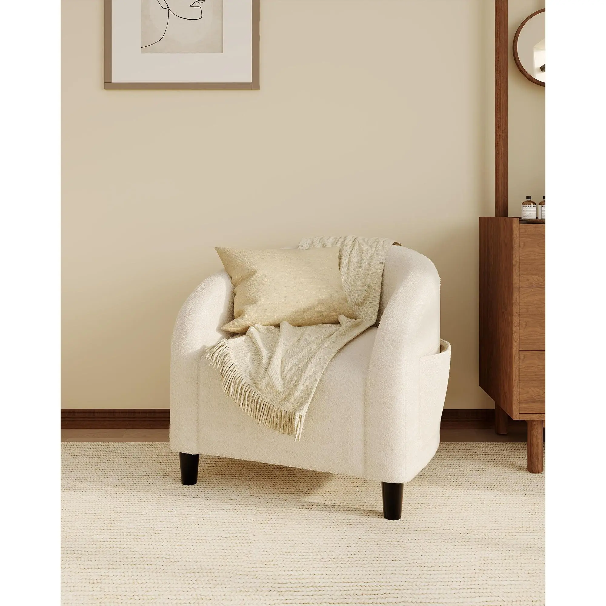 Comfy Accent Chair - Modern Lounge Barrel Style, Boucle Upholstered or Suede-Like Fabric, Soft Round Indoor Guest Chair with Cushions for Living Room, Bedroom Decor, Modern Lounge Chair