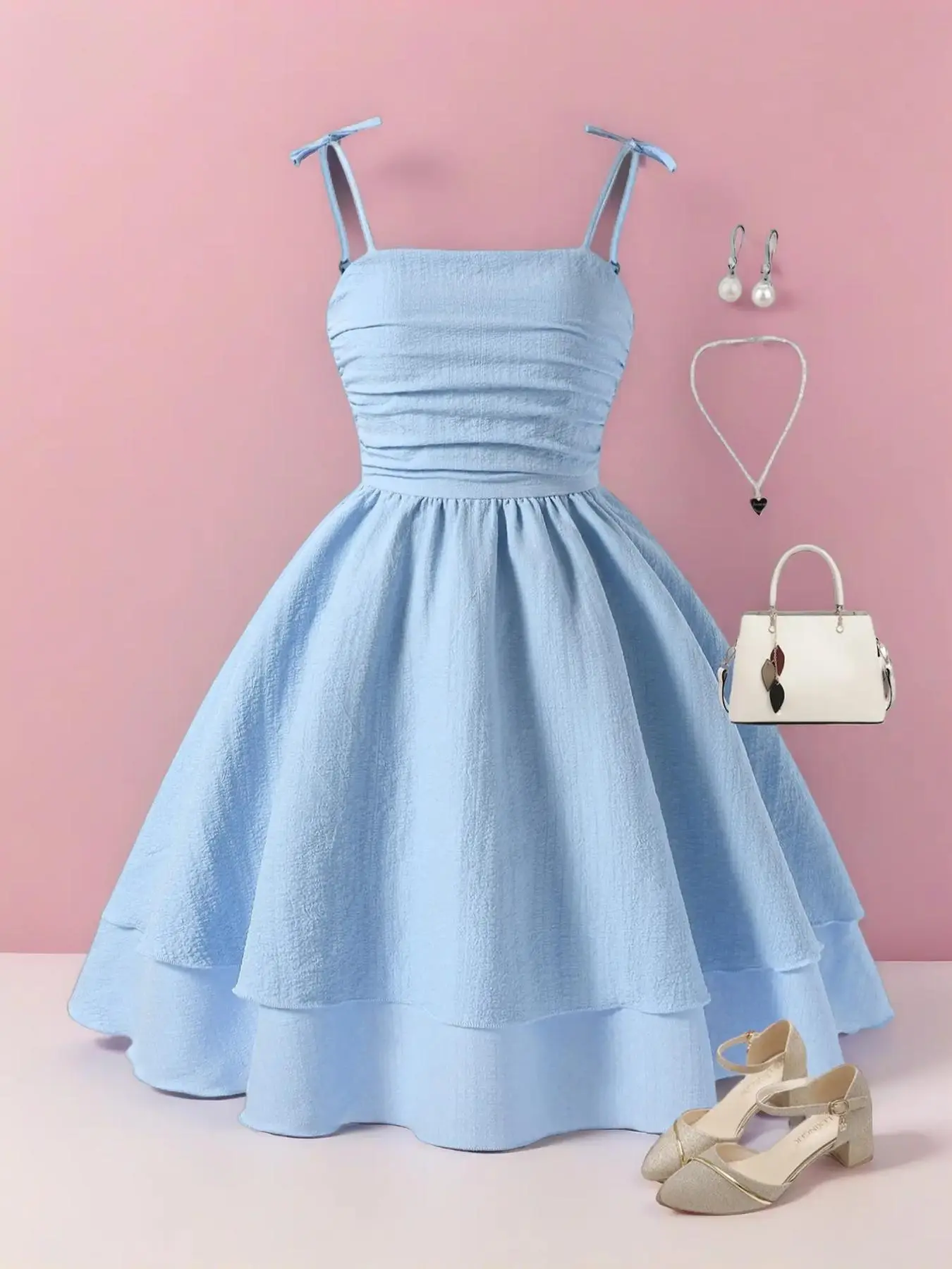Girls' Cute Sweet Elegant Multi-Layer Hem Spaghetti Strap Ruffle Hem Frill Trim Dress, Summer Woven Fabric, Fitted Style, Perfect for Daily Wear & Parties, Frilled Dress, Summer Clothes Dress