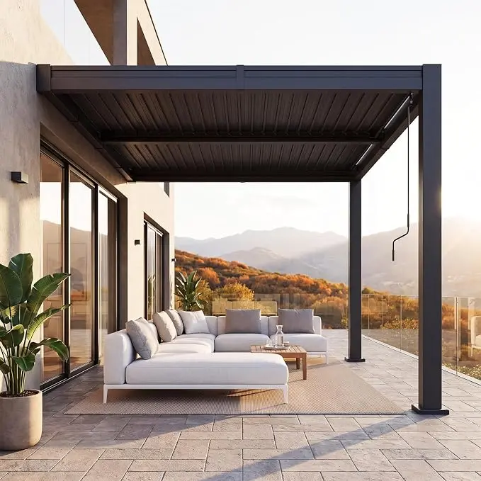Aoxun Wall Mounted Pergola 10x12 FT, Lean to Gazebo with Adjustable Louvered Roof, Aluminum Attached Patio Pergola with Built-in Drainage, Rain & UV Resistant for Deck Backyard