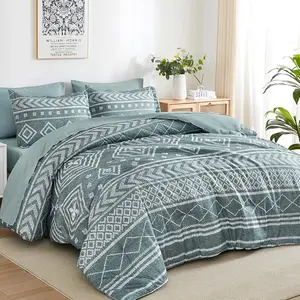 Boho Aztec Comforter Set Queen Size, Grayish Blue Comforter Bedding Set, 7 Piece Bed in a Bag, Soft Microfiber Bohemian Striped Complete Bedding Set with Sheets for All Season